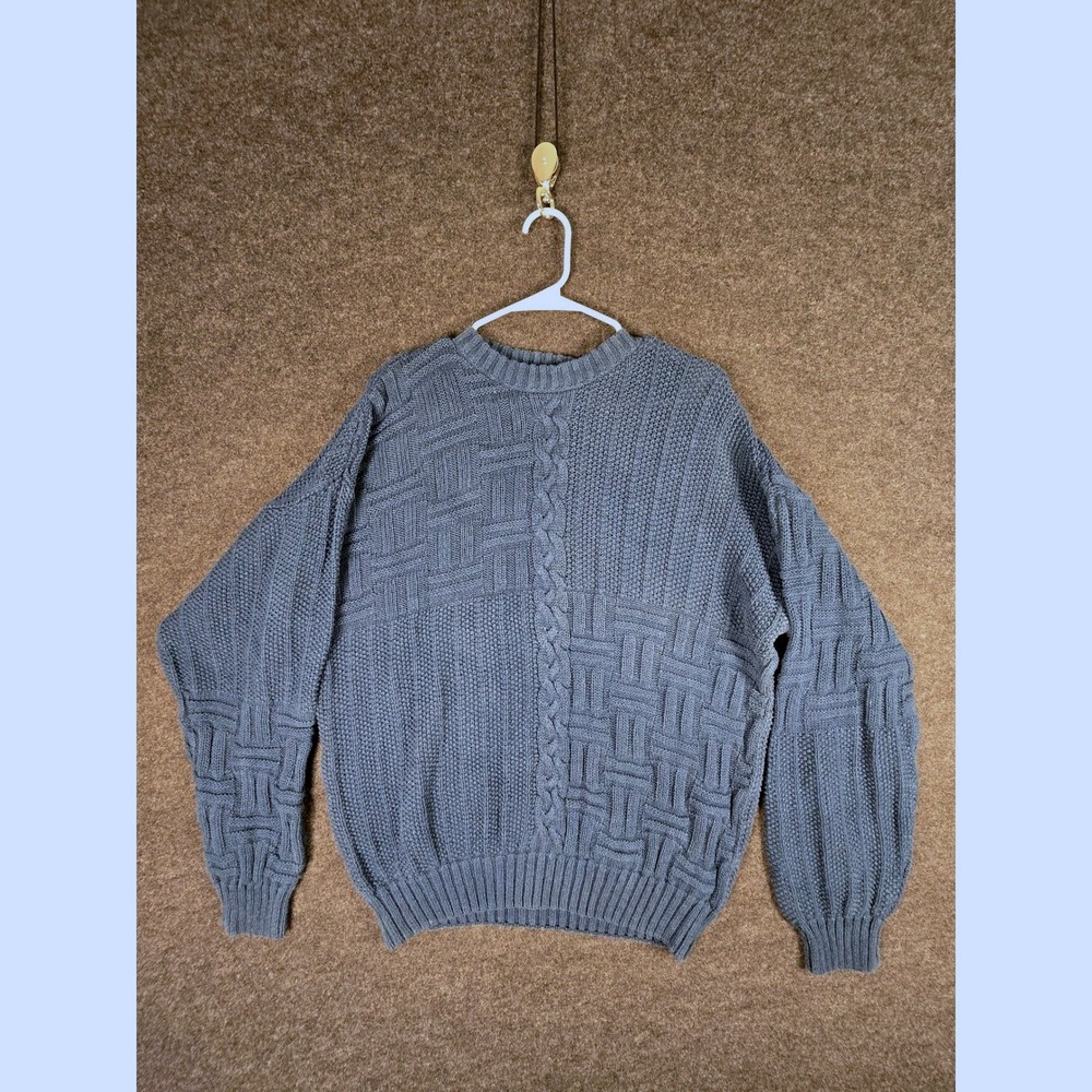 Vtg 80s Stone Haven Men's Blue Cable Knit Sweater Geo Chunky Grandpa Size L